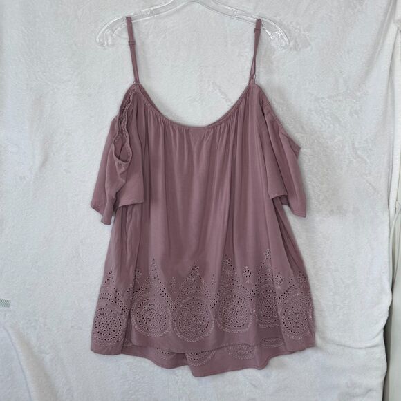 TORRID Women's Challis Eyelet Border Cold Shoulder Blouse Elderberry Size 4X - Picture 9 of 16